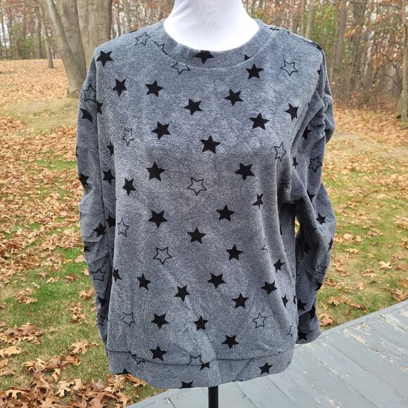 Massini Gray Velour Star Top with Ruched Sleeves size Large - Picture 1 of 14